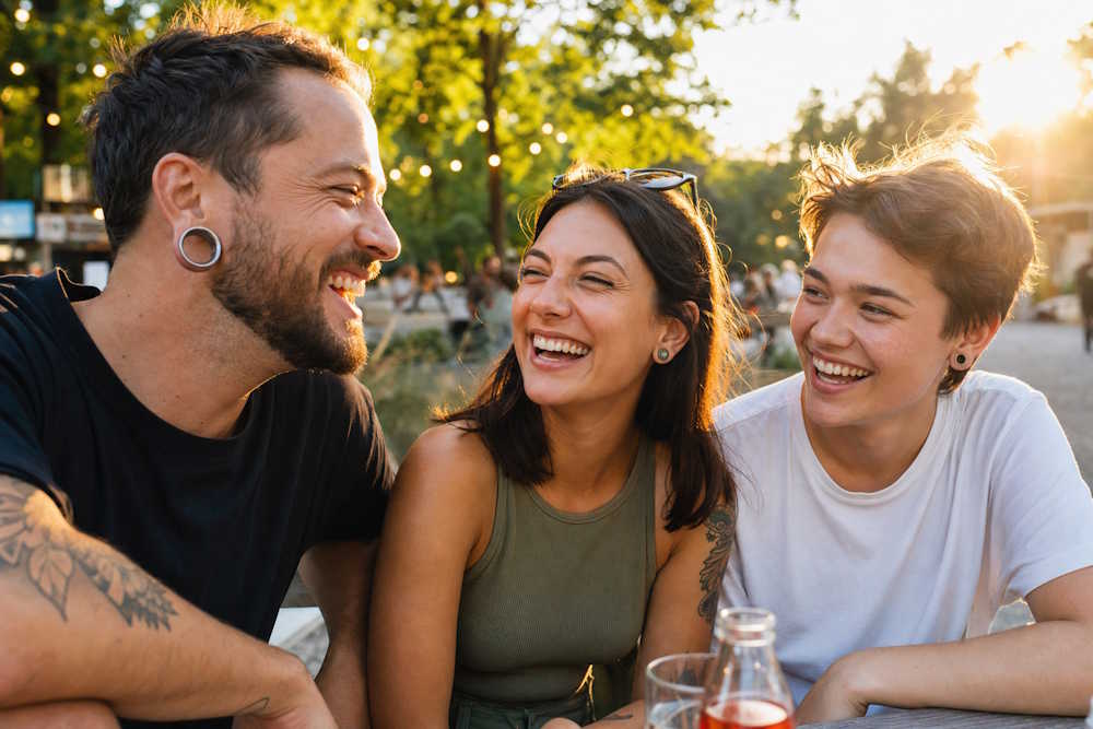 Freunde mit Flesh Tunneln und Fake Plugs lachen zusammen im Park