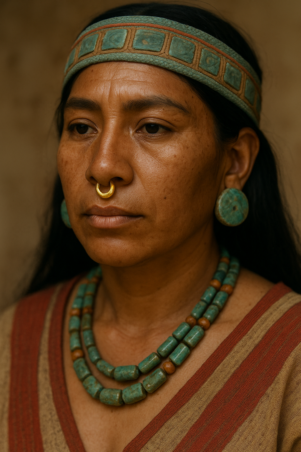 Maya oder Azteken Frau mit Septum Piercing und Ohrschmuck