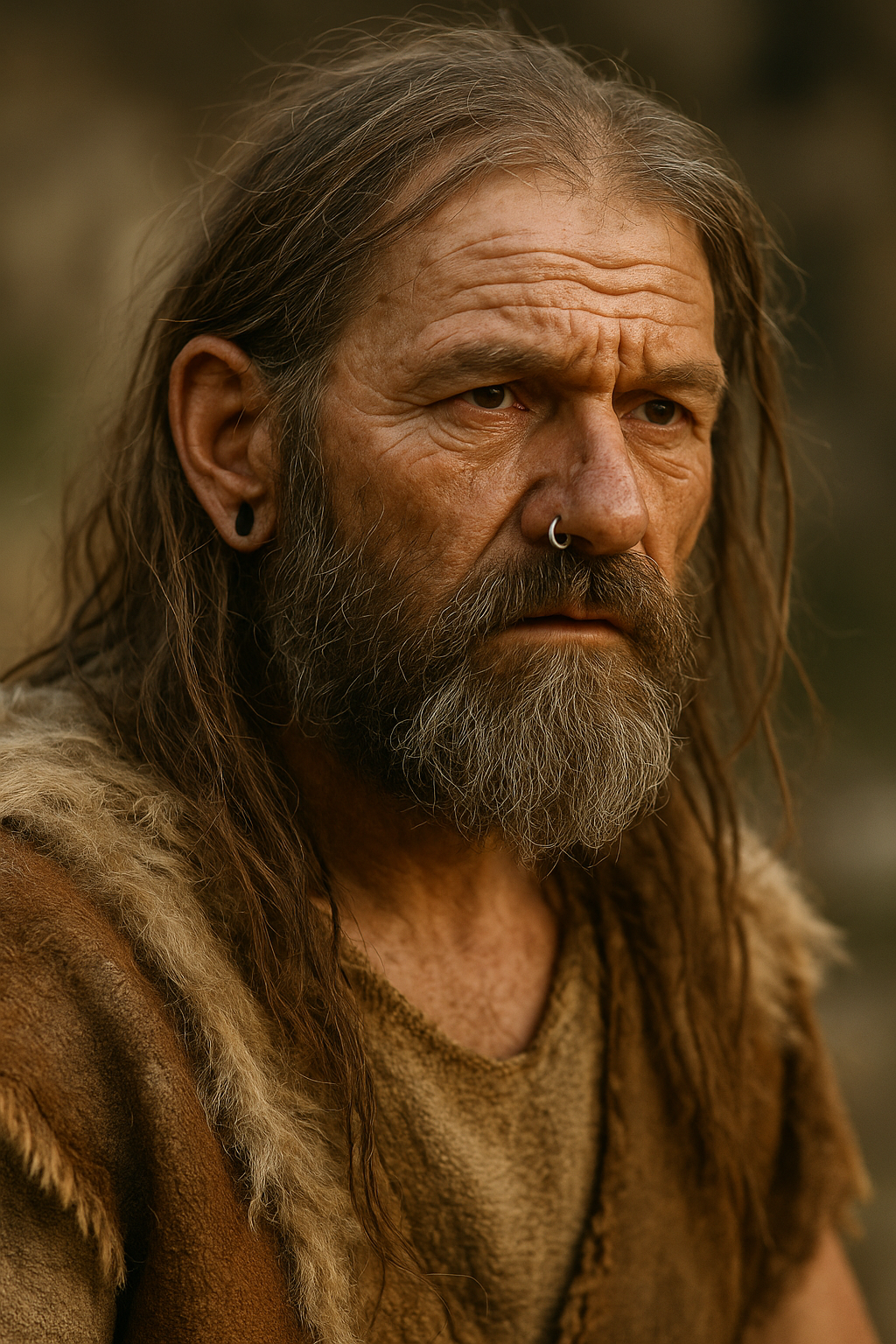 Ötzi der Eismann mit gedehnten Ohrlöchern und Piercings