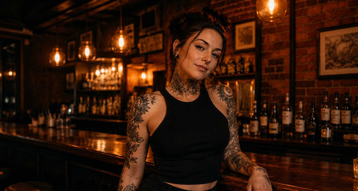 Nippelpiercing Schmuck – Frau mit Piercings in Bar-Atmosphäre spricht über Brustpiercings