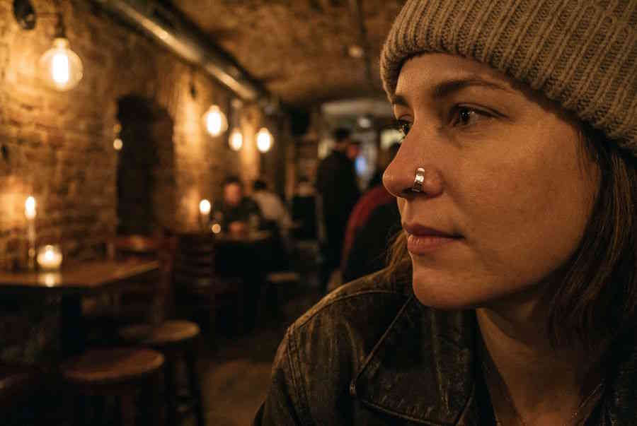 Fake Nasenpiercing – Frau mit silbernem Nasen-Klemm-Ring in Bar-Atmosphäre