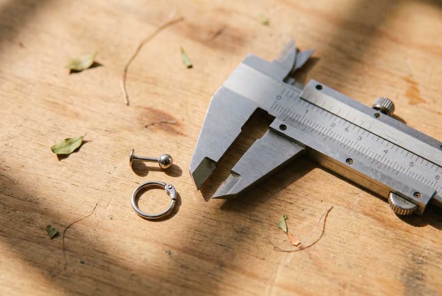 Messschieber neben Labret und Ring zur Bestimmung der Lippenpiercing Größe