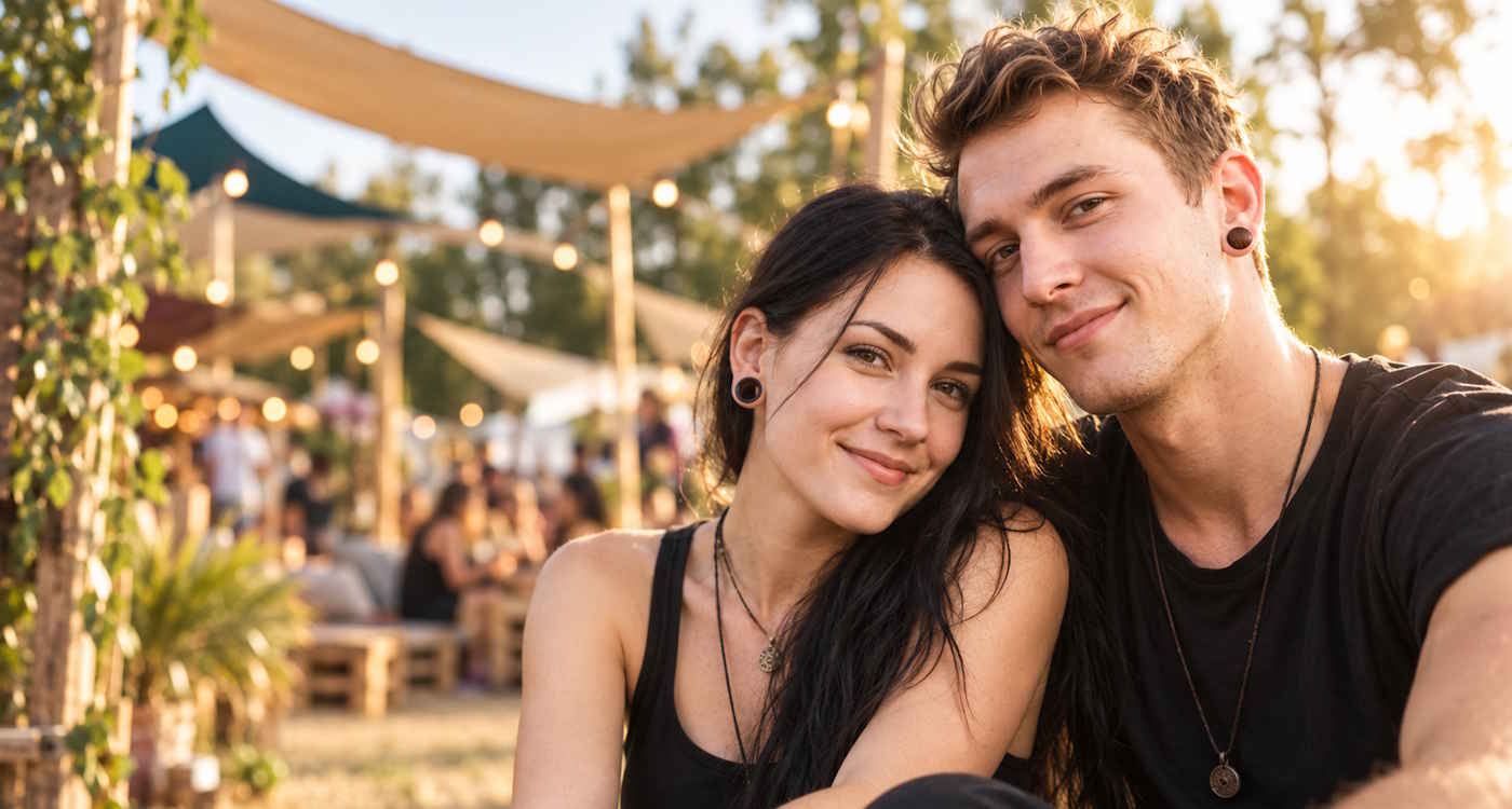 Frau und Mann mit kleinen Ohr Plugs aus Holz und Horn