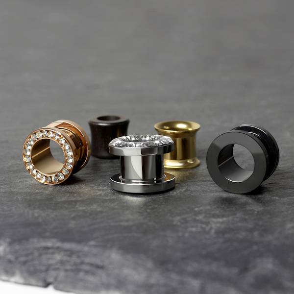 Diverse 10 mm Tunnel - z.B. Double-Flare-Tunnel Gold,Schraub-Tunnel Rosegold und silber und schwarzer Titan Gewinde-Tunnel
