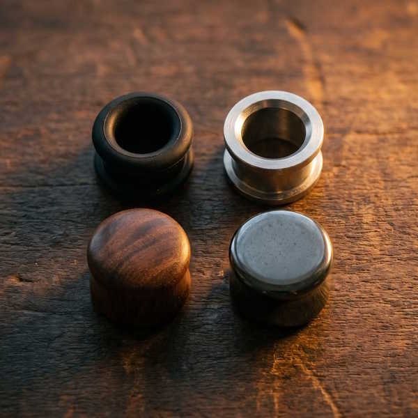 8 mm Tunnels und Plugs aus Silikon Titan Holz und Stein auf Holztisch