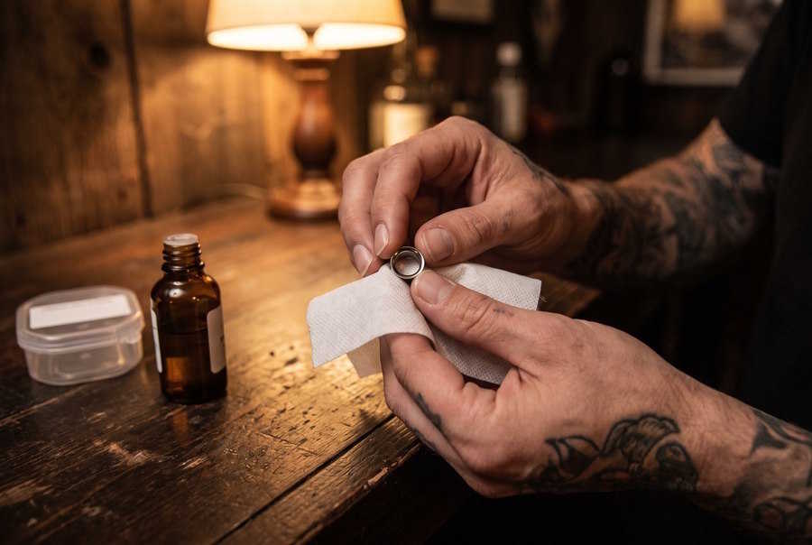 Tattooierte Hände reinigen einen kleinen 8 mm Tunnel mit sauberem Tuch
