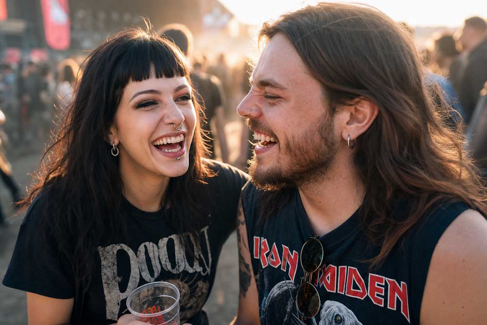 Zwei Freunde mit BCR Ringen und Hufeisen Piercings auf einem Festival