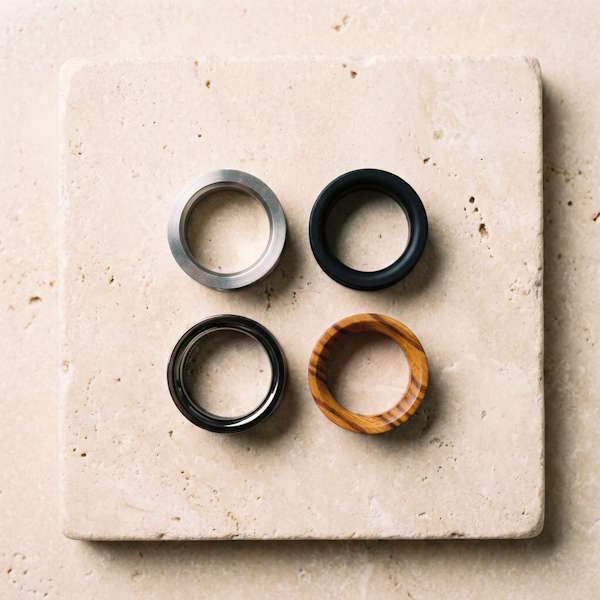Verschiedene Ohr Flesh Tunnel aus Metall, Silikon und Holz auf heller Steinfläche