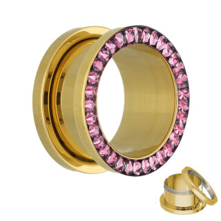 Flesh Tunnel - Gold - Kristall - Pink - Schutzschicht 14 mm