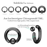 Piercing Klemmring - Stahl - Schwarz - 2.0mm bis 6.0mm [14.] - 2.5 x 12 mm (Kugel: 5mm)
