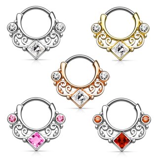 Septum Klicker - Ring - Ornament - Kristall - Eckig [04.] - silber - Kristalle: pink