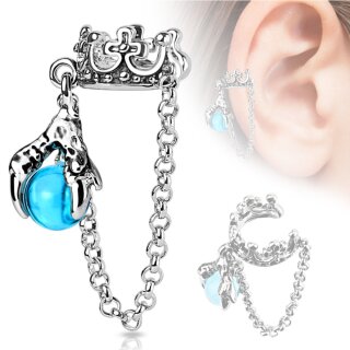 Ear Cuff - Silber - Krone - Kette - Perle - Blau