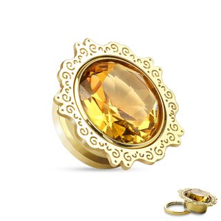 Ohr Plug - Gold - Ornament - Kristall - Bernstein 14 mm