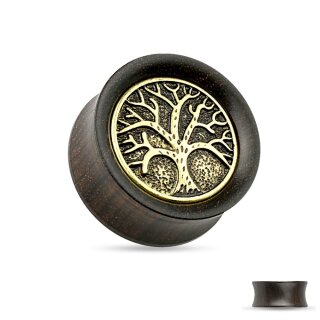 Holz Ohr Plug - Braun - Lebensbaum - Gold - Antik 14 mm