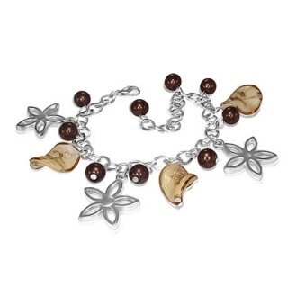 Armband - Silber - Blumen - Perlen - Braun
